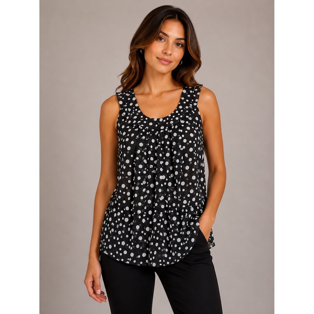 Kim Rogers-Womens Black White Polka Dot Ruffle Front Chiffon Sleeveless Blouse M